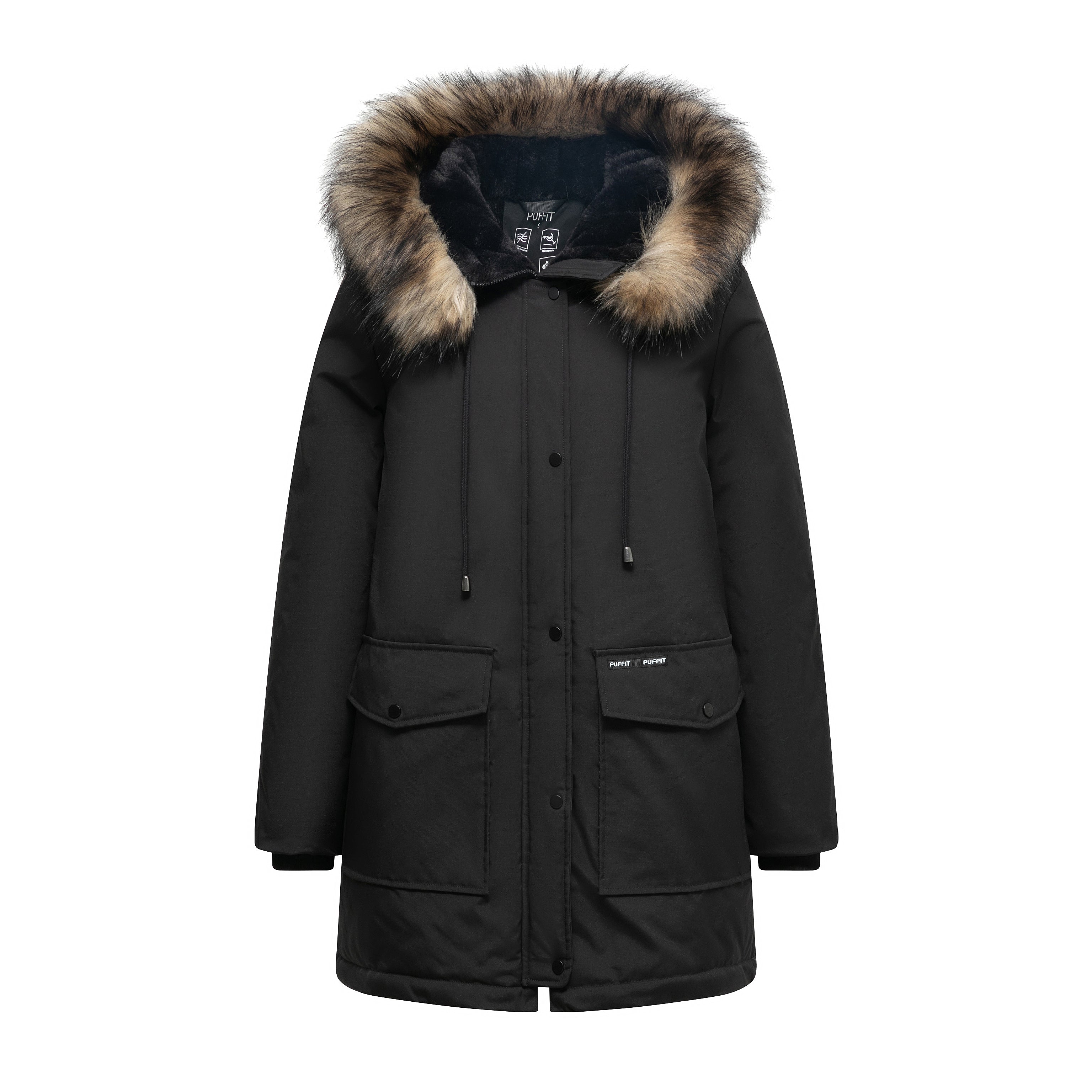 PUFFIT Faux Fur Mid-Length Hooded Parka With Large Pockets Splashproof